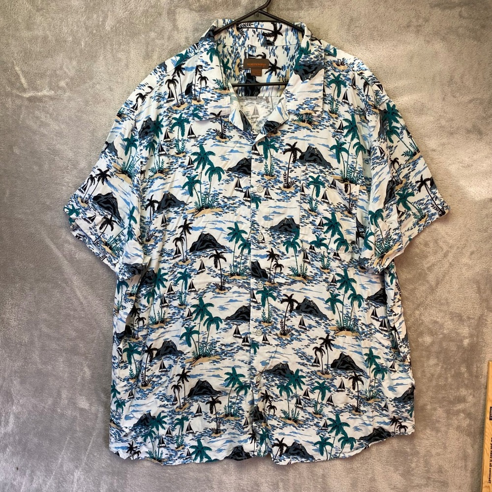 Northwest Territory Button Down Mens 3XL Tropical Palm Tree Sailboat White EUC